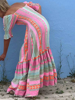 Women Boho Geometric Color Block Long Dress