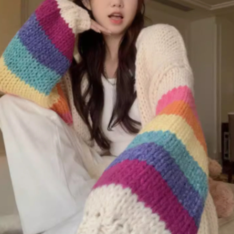 Colorful Rainbow Chaoshan Sweater Soft Sticky Cardigan For Women