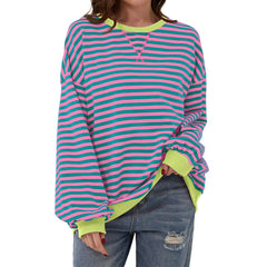 Loose Striped Long Sleeve T-shirt Casual Pullover Sweater For Womens Clothing