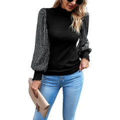 Women's Half-high Collar Long Sleeves Sequin Stitching Knitted Top