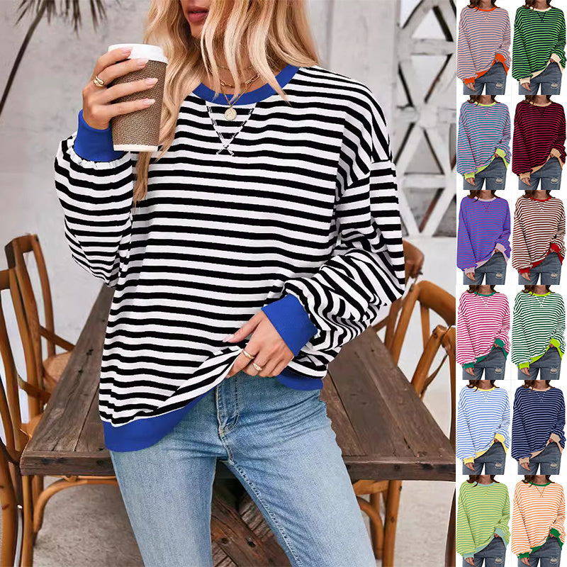 Loose Striped Long Sleeve T-shirt Casual Pullover Sweater For Womens Clothing