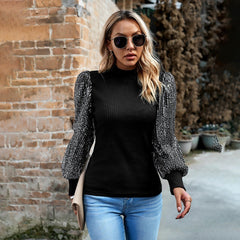 Women's Half-high Collar Long Sleeves Sequin Stitching Knitted Top