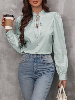 Striped Tie Neck Long Sleeve Blouse