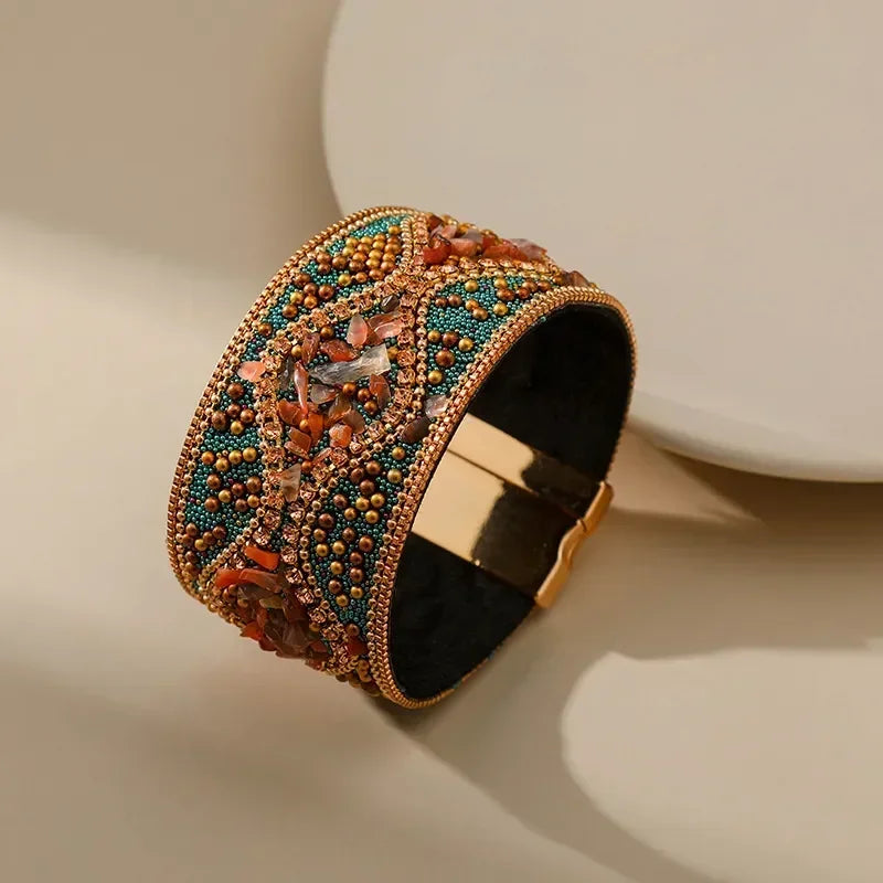 Bohemian Retro Women's Bracelet Punk Style Full Rhinestone Handmade Beading Personality Charm Female Bangle Cuff Jewelry Woman