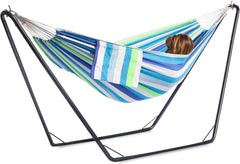 Double Hammock with Stand for Outside, Stable V-Shape Space Saving Steel Stand 2 Person, Comfortable Pillow