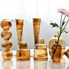 Glass Vase Amber Color Transparent Creative Retro Cup Shaped Flower Vases