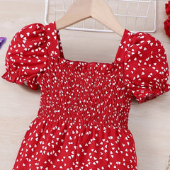 Love Print Fashion Bubble Sleeves Long jumpsuit for Primary and Secondary School Girls