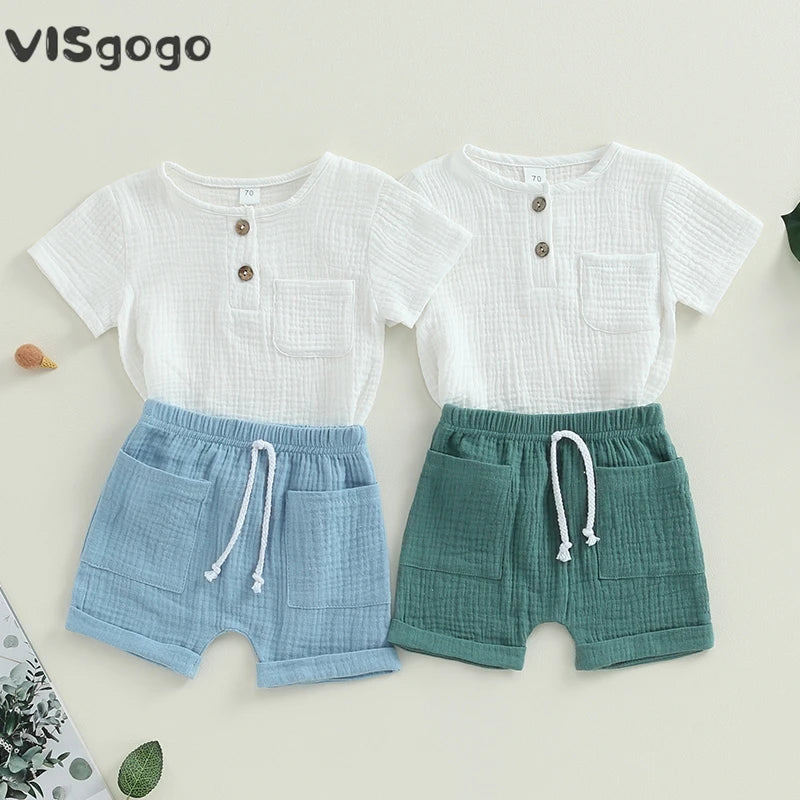 VISgogo 0-3Y Baby Boy Clothes Outfits Short Sleeve Button Down Pocket Tops Solid Color Shorts Set Toddler Summer Clothes 2Pcs