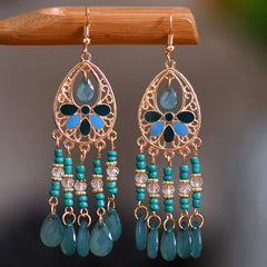 Bohemian Ethnic Long Blue Acrylic Crystal Water Drop Earrings for Women Retro Temperament Geometric Dangle Earrings Jewelry