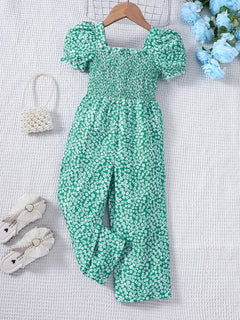 Love Print Fashion Bubble Sleeves Long jumpsuit for Primary and Secondary School Girls