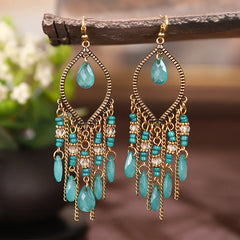 Bohemian Ethnic Long Blue Acrylic Crystal Water Drop Earrings for Women Retro Temperament Geometric Dangle Earrings Jewelry