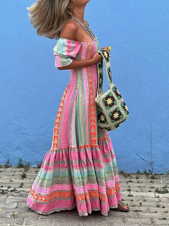 Women Boho Geometric Color Block Long Dress