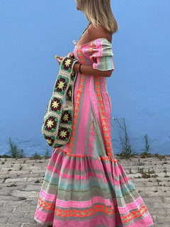 Women Boho Geometric Color Block Long Dress