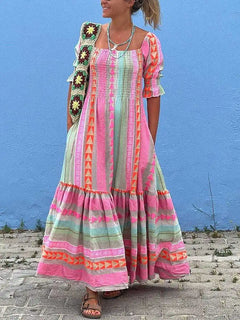 Women Boho Geometric Color Block Long Dress